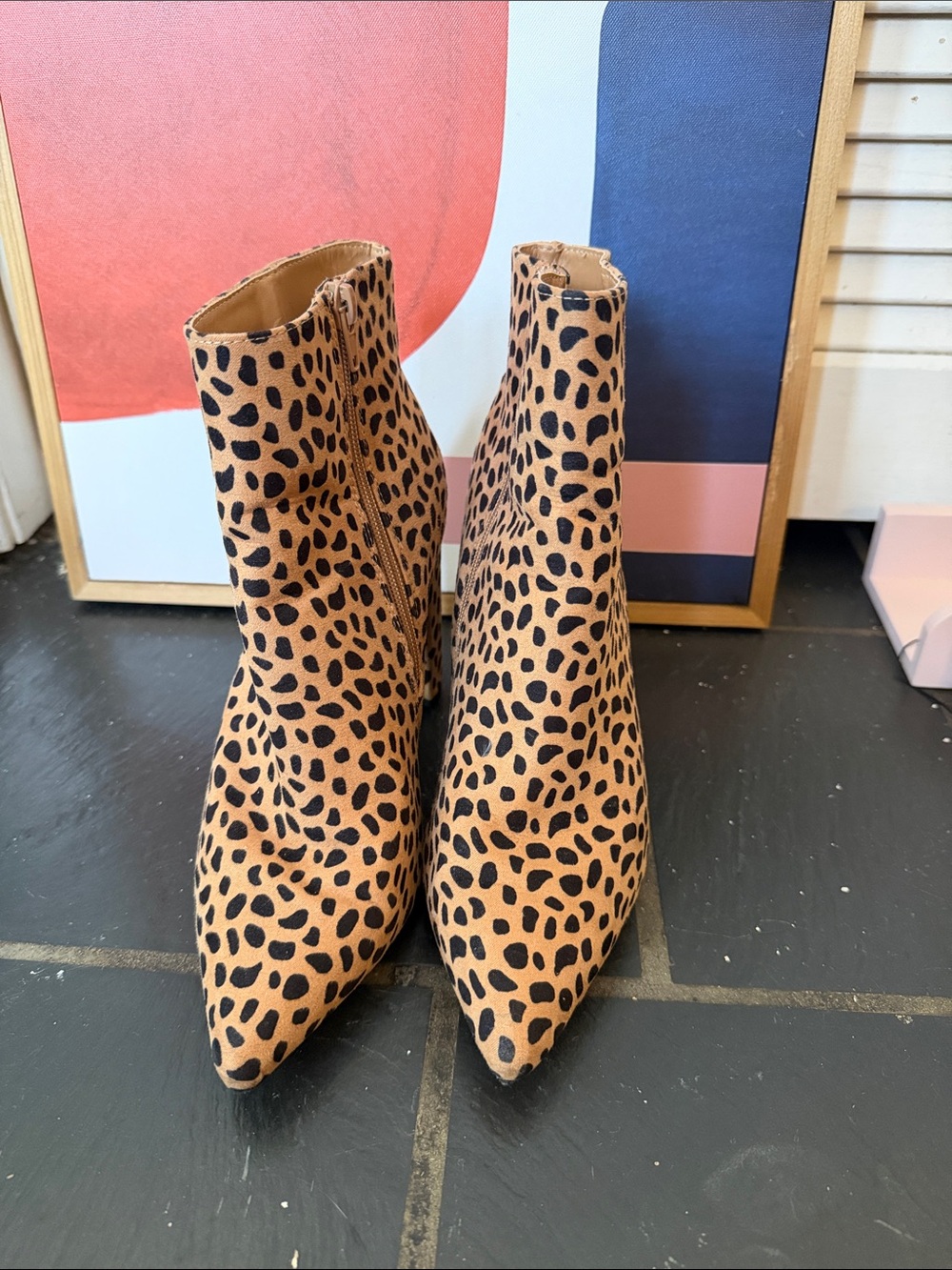 BAMBOO Leopard Print Pointed Ankle Boots in Tan and Black
